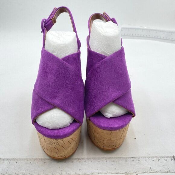 Women Peep Toe Platform Wedge Cork High Heel Slingback Sandals Suede Purple - Picture 3 of 8